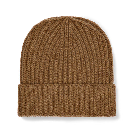 Scottish Cashmere Thick Ribbed Beanie Hat in Caramel Tan