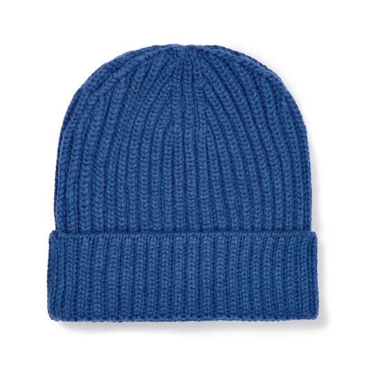 Scottish Cashmere Thick Ribbed Beanie Hat in Coast Blue