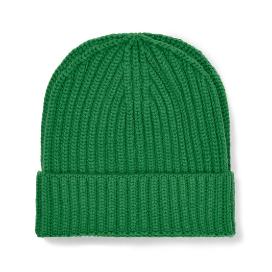 Scottish Cashmere Thick Ribbed Beanie Hat in Grasshopper Green