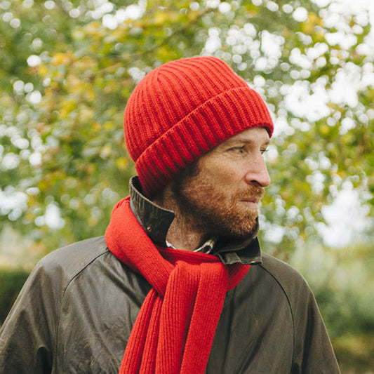 Scottish Cashmere Thick Ribbed Beanie Hat in Ruby Red