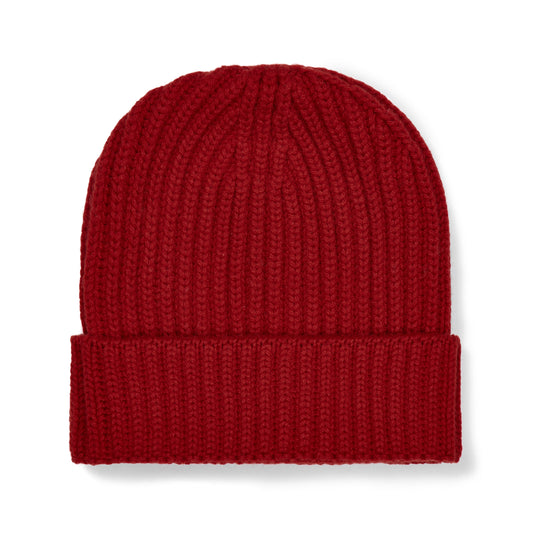 Scottish Cashmere Thick Ribbed Beanie Hat in Ruby Red