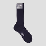 A single dark navy ribbed crew sock with white 'Budd' branding, shown against a solid light gray background.