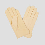 A pair of light beige leather gloves, one showing the back of the hand and the other showing the palm side, set against a solid light gray background.