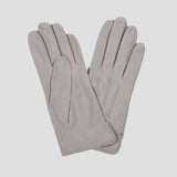 A pair of light gray leather gloves with long sleeves and stitched details, displayed against a solid light gray background.