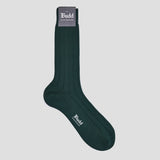 Dark green sock with 'Budd' branding on a pale grey background