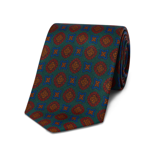 Plucky Rosette and Star Madder Silk Tie in Green
