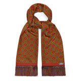Silk medallion scarf finished with hand tassels in red, blue and gold