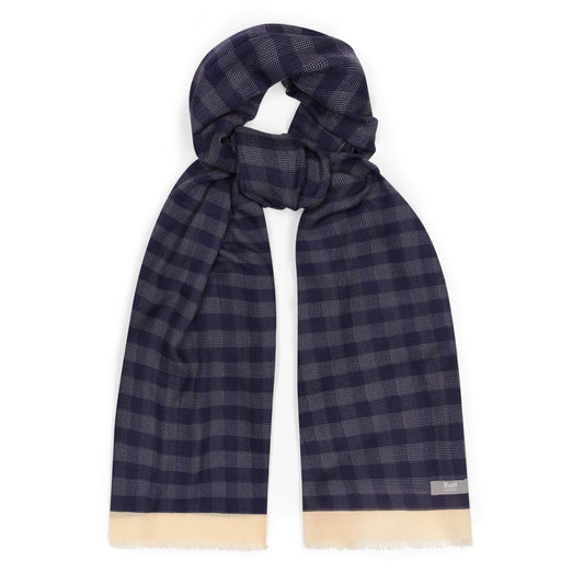 Glen Plaid Wool and Cashmere Scarf in Navy and Cream