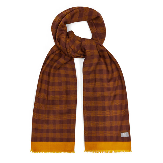 Glen Plaid Wool and Cashmere Scarf in Orange and Burgundy