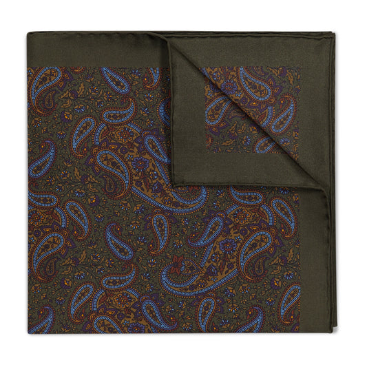 Paisley Meadow Silk Pocket Square in Olive Green