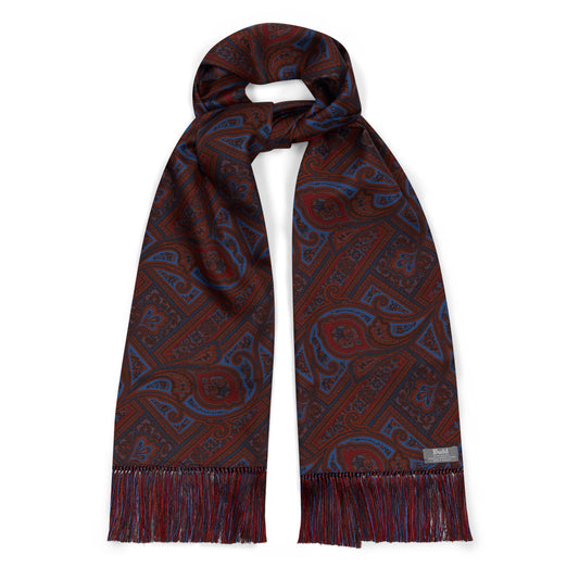 Paisley Silk Knotted Tassel Scarf in Navy