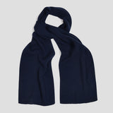 Navy blue knitted scarf on a pale grey background