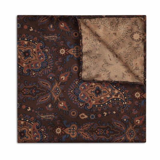Edwardian Paisley Silk Twill Pocket Square in Brown