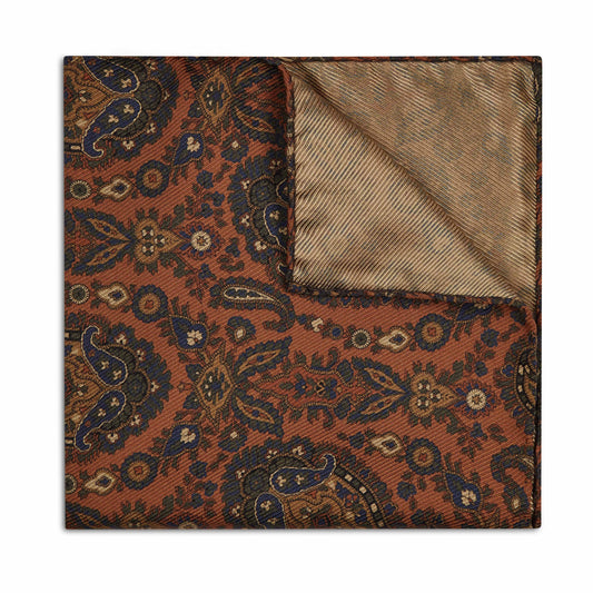 Edwardian Paisley Silk Twill Pocket Square in Rust