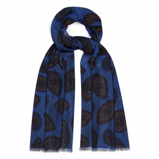 Edwardian Motif Wool Scarf in Blue