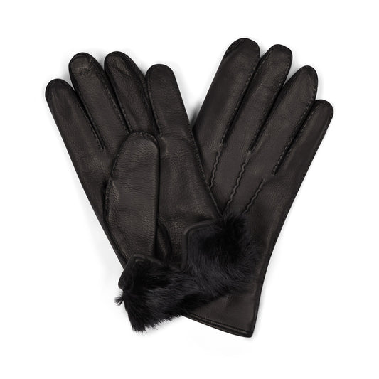 Deerskin Gloves with Rabbit Fur Lining in Black
