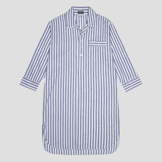 A blue and white vertically striped long-sleeve nightshirt with a pointed collar, button-down front, and a chest pocket, shown against a solid light gray background.