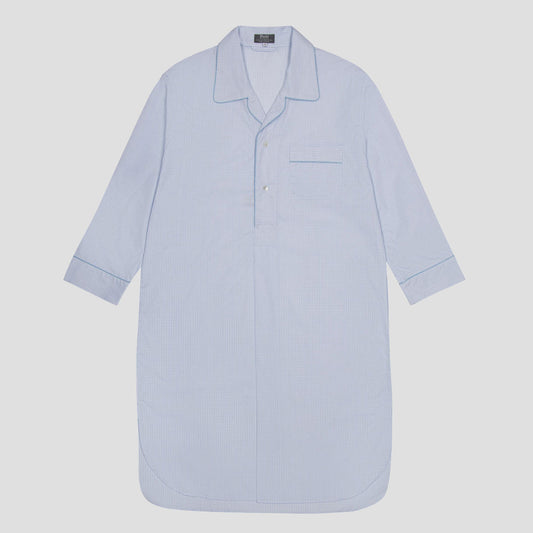 A light blue pinstriped long-sleeve nightshirt with a collar, button placket, and chest pocket, shown flat against a light gray background.