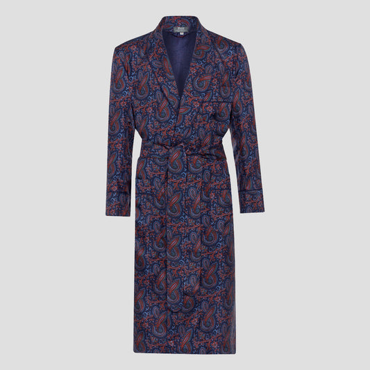 Ornate Paisley Madder Silk Dressing Gown in Navy and Red