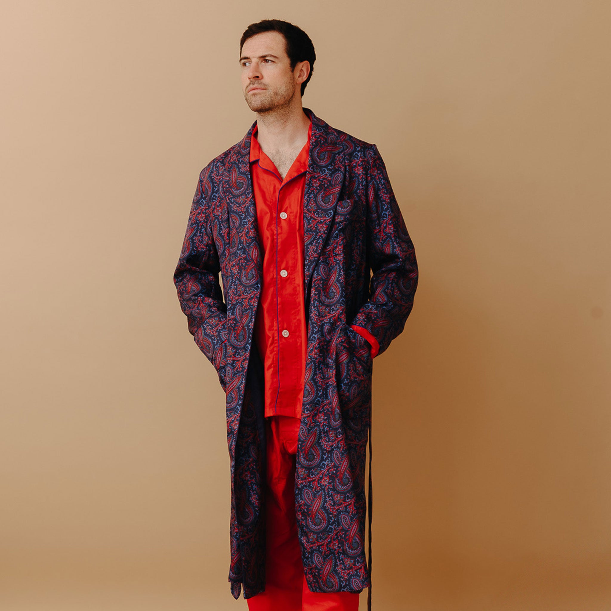 Ornate Paisley Madder Silk Dressing Gown in Navy and Red Budd London
