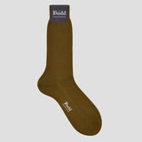 An olive brown crew sock by Budd Shirts  featuring a dark grey brand tag at the cuff and white logo text on the toe, set against a solid light gray background.