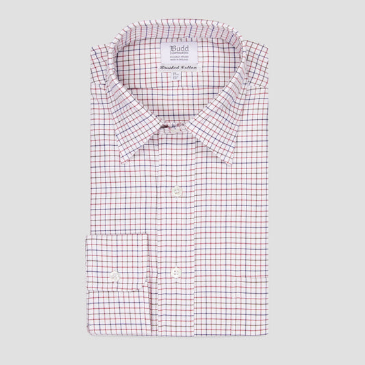 Classic Fit Flanello Brushed Cotton Check Shirt in Red and Navy