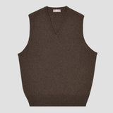 A sleeveless brown V-neck knit sweater vest, shown flat against a light gray background.