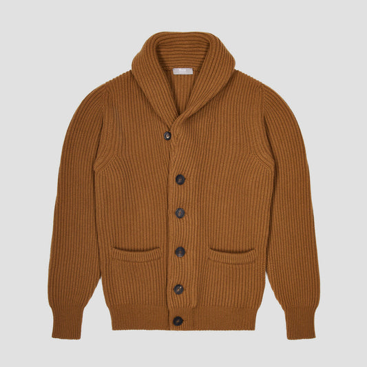 Huntley Cashmere Shawl Neck Ribbed Cardigan in Vintage Vicuna