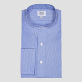 A folded long-sleeve dress shirt with a blue and white vertical stripe pattern, featuring a band collar, button-down front, and a single-button cuff, shown on a light gray background.