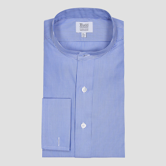 Classic Fit Stripe Poplin Formal Neckband Shirt in Blue