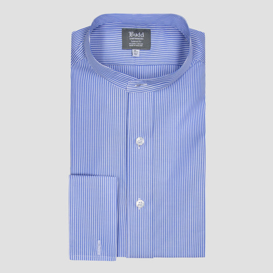 Tailored Fit Stripe Poplin Formal Neckband Shirt in Blue