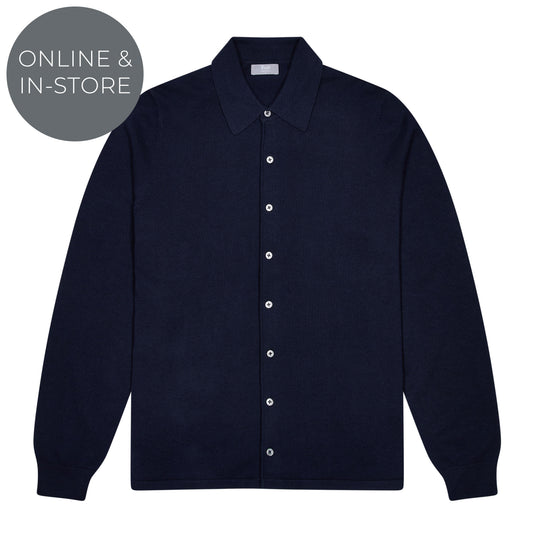 Walton Cotton and Cashmere Fine Knit Long Sleeve Shirt in Navy