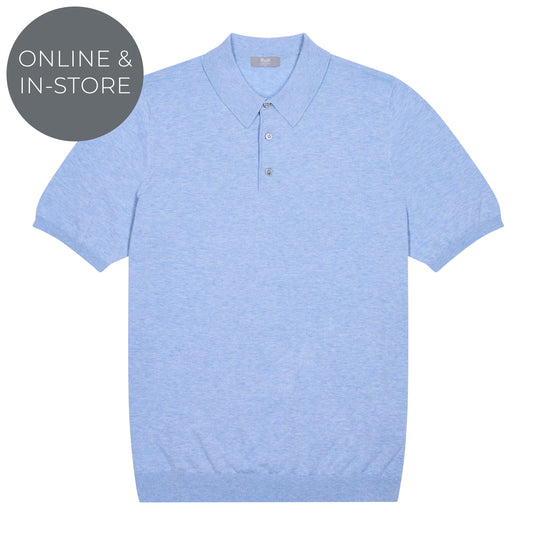 Light blue polo shirt on a white background with 'Online & In-Store' text.