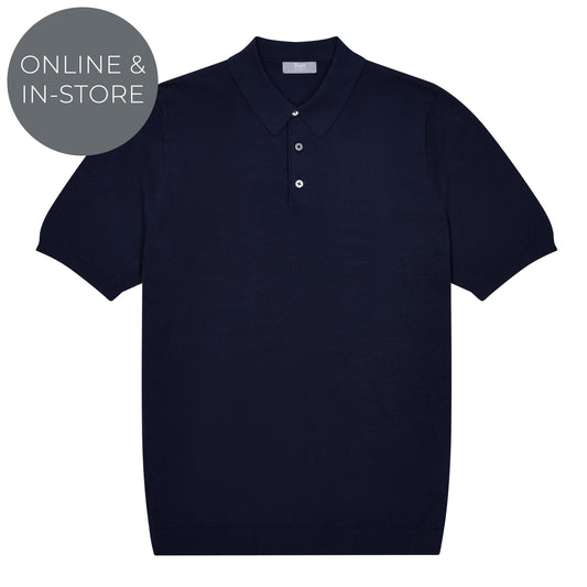 Liston Cotton Fine Knit Short Sleeve Polo Shirt in Navy