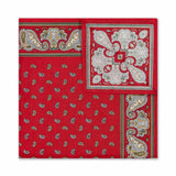 Red paisley patterned fabric with a square pocket square featuring a larger paisley design.