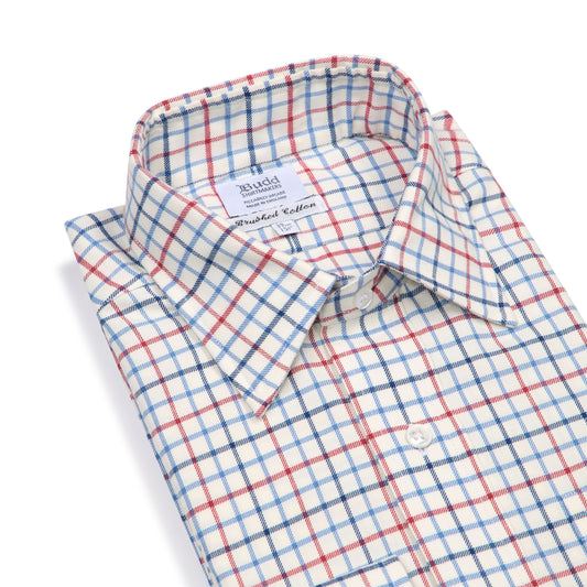 Tattersall Check Brushed Cotton Classic Fit Button Cuff Shirt in Blue and Red