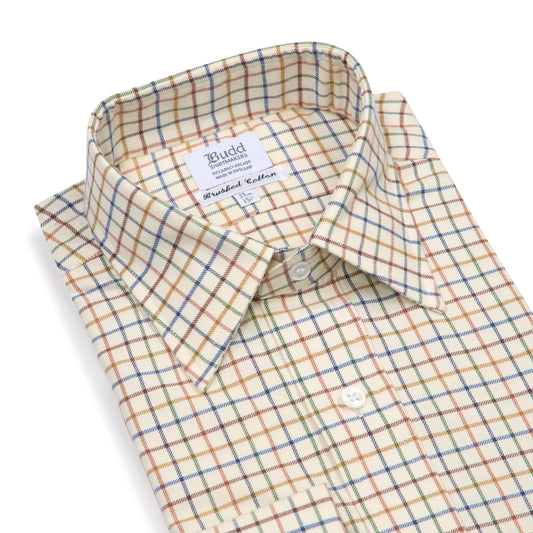 Tattersall Check Brushed Cotton Double Cuff Shirt in Brown and Blue