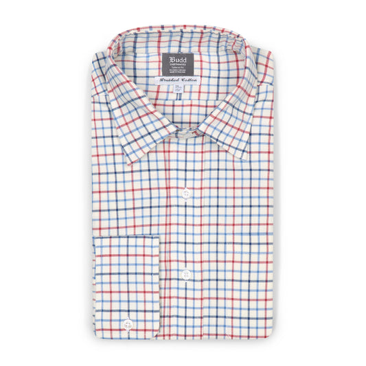 Tattersall Check Brushed Cotton Tailored Fit Button Cuff Shirt in Blue and Red
