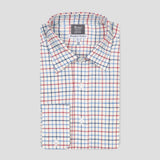 Tattersall Check Brushed Cotton Tailored Fit Button Cuff Shirt in Blue Red on plain grey background