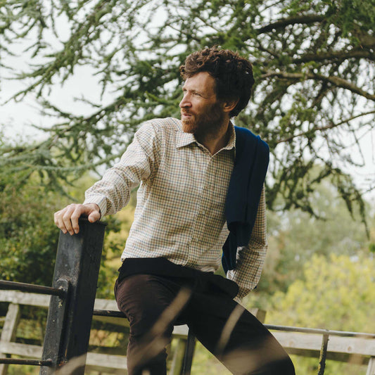 Tattersall Check Brushed Cotton Tailored Fit Button Cuff Shirt in Brown and Blue