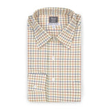 Tattersall Check Brushed Cotton Tailored Fit Button Cuff Shirt in Brown and Blue