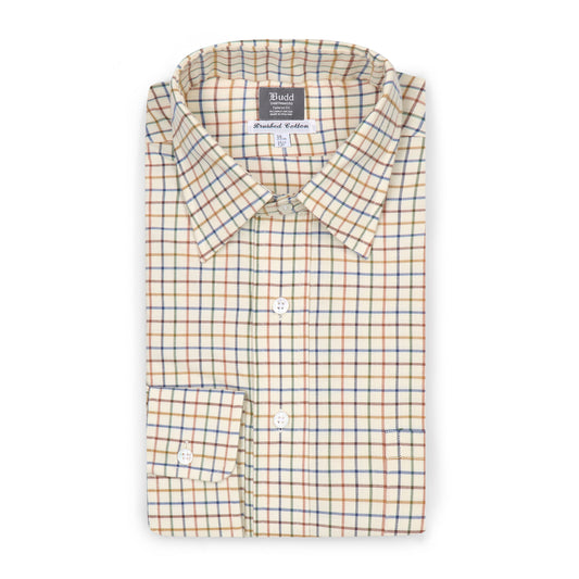 Tattersall Check Brushed Cotton Tailored Fit Button Cuff Shirt in Brown and Blue