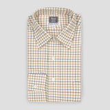 Tattersall Check Brushed Cotton Tailored Fit Button Cuff Shirt in Brown Blue on plain grey background