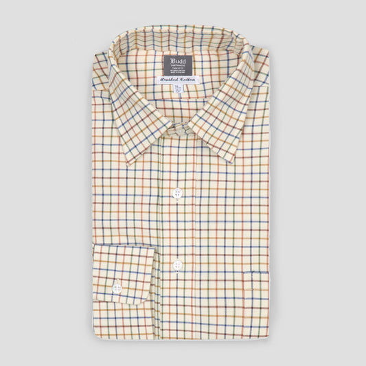Tattersall Check Brushed Cotton Tailored Fit Button Cuff Shirt in Brown Blue