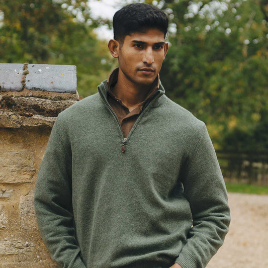 Kinloss Lambswool Quarter Zip Jumper in Tweed Green