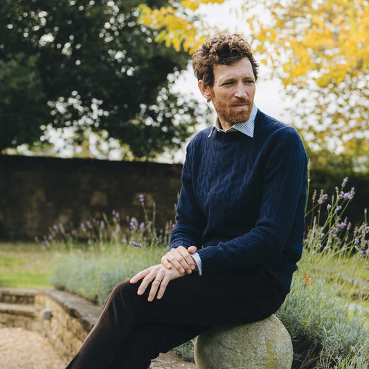 Bowhill Scottish Cashmere Cable Knit Jumper in Blackberry Blue