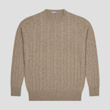 A beige cable-knit crewneck sweater displayed flat against a light gray background.