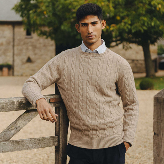Bowhill Scottish Cashmere Cable Knit Jumper in Stoneage Beige
