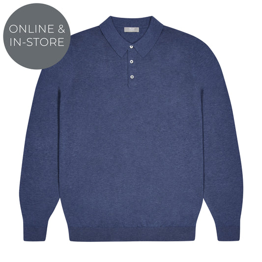 Holt Cotton Fine Knit Long Sleeve Polo Shirt in Denim Blue