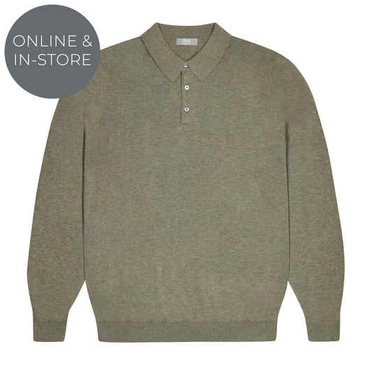 Holt Cotton Fine Knit Long Sleeve Polo Shirt in Laurel Green